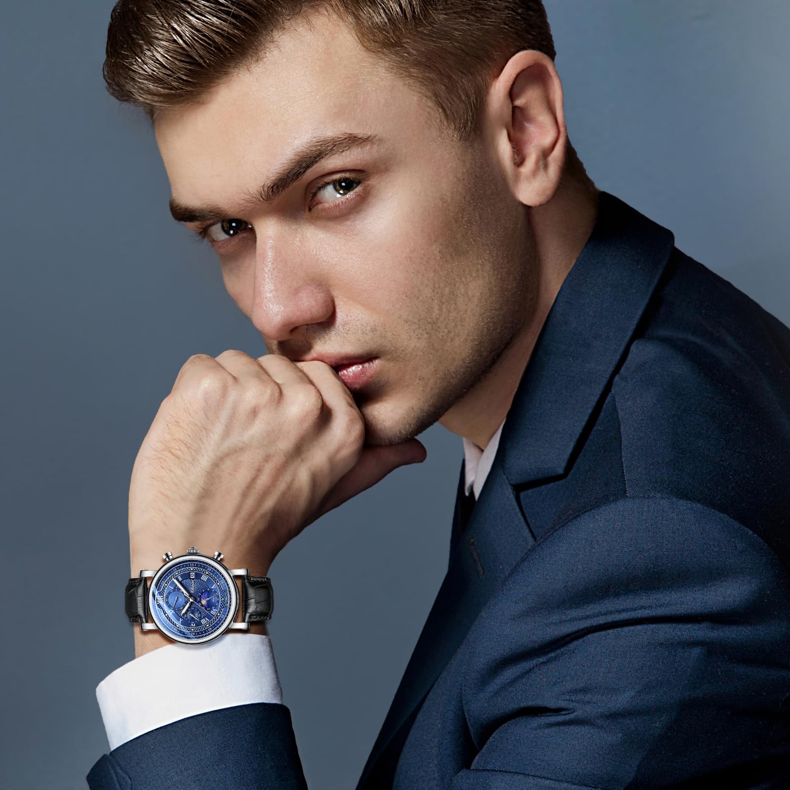 JewelryWe Herrenuhr Echtleder Chronograph Uhr 30m Wasserdicht Analog Quarz Armbanduhr Herren Lederarmband Multifunktionale Uhr mit Sternenhimmel Zifferblatt, Kalender, Leuchtzeiger, Stoppuhr