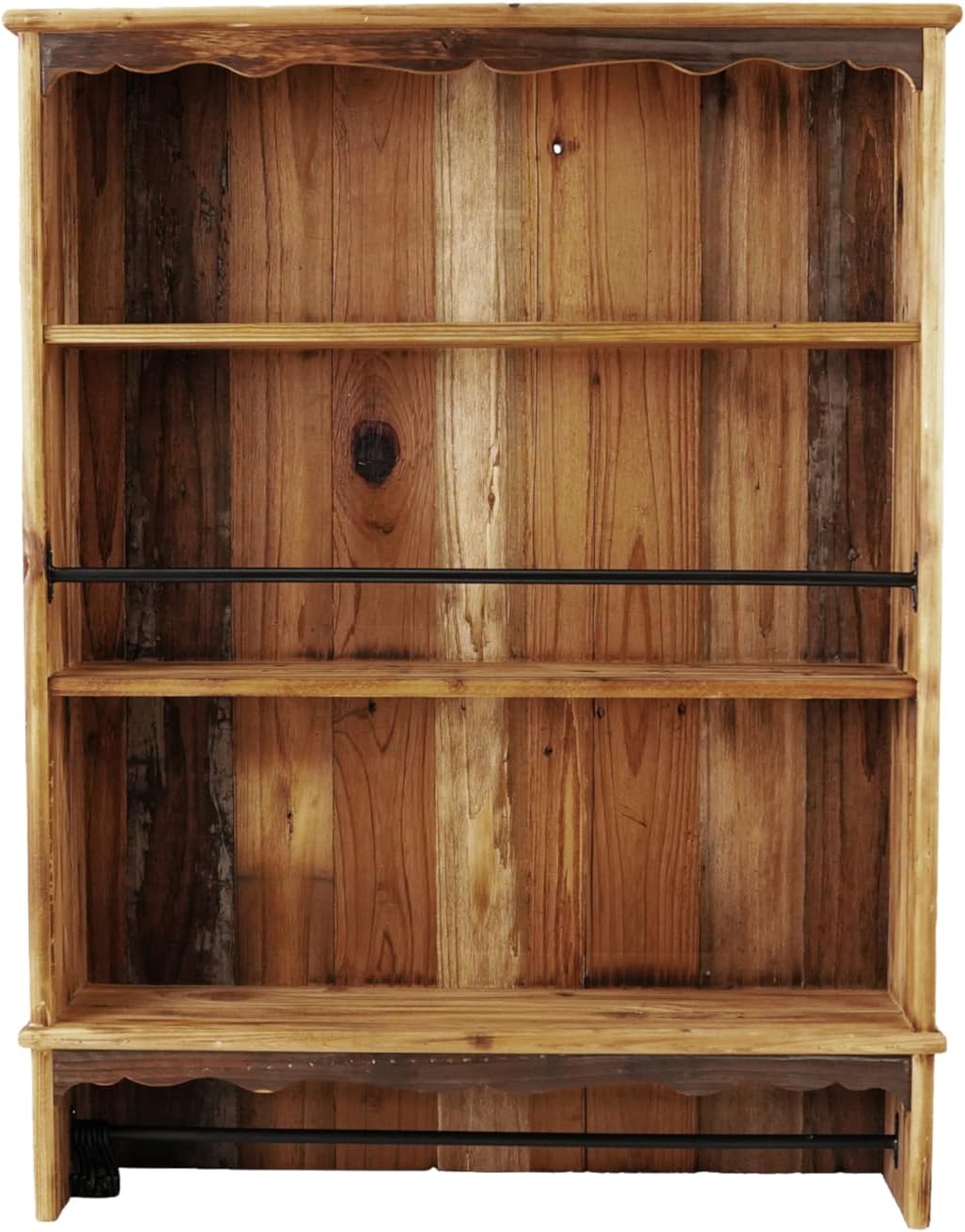 Creative Co-Op Wood Rectangular Wall Shelf with 3 Shelves, 2 Rods and 6 Hooks, Natural