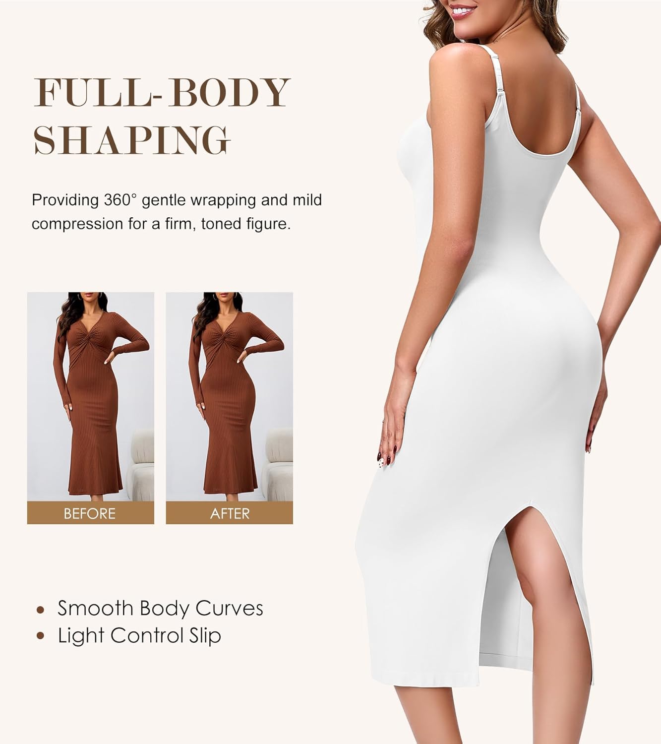 Shapewear Slip for Women Under Dress, Seamless V Neck Slip Dress, Tummy Control Back Slit Body Shaper - Image 6