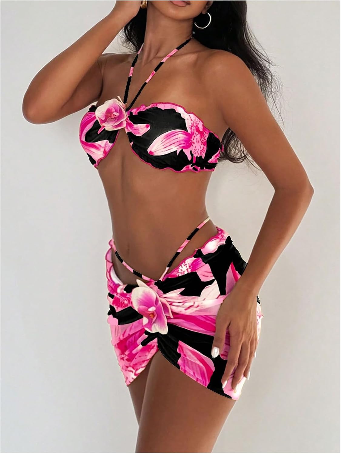 SOLY HUX Women's 3 Piece Swimsuit Floral Halter Bikini Set Beach Vacation Bathing Suit with Drawstring Cover Up Skirt