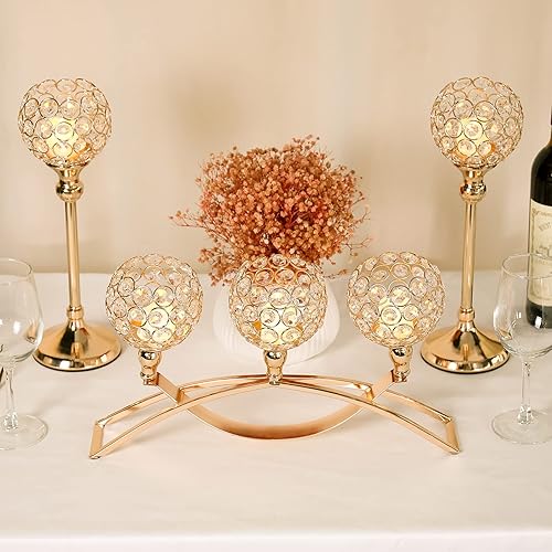Miniatura 2 de Portavelas de cristal dorado decorativos con candelabro de 3 brazos, soporte para velas, pieza central de mesa, decoración para mesa de comedor,
