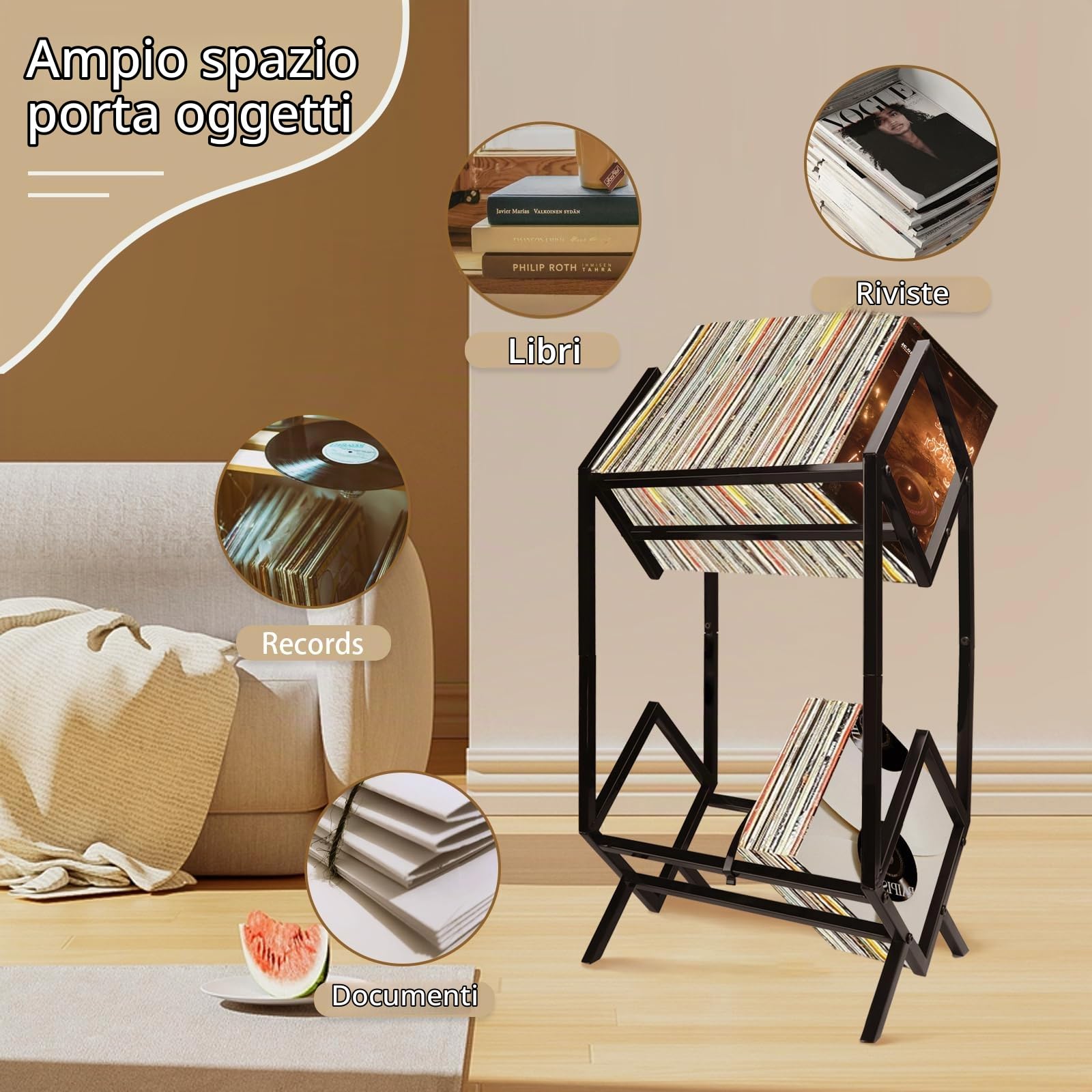 Scaffale per dischi in vinile, scaffale per album LP a 2 livelli, organizer per scaffali per dischi in vinile per la casa in stile retrò, espositore in metallo per album, libri, file di riviste