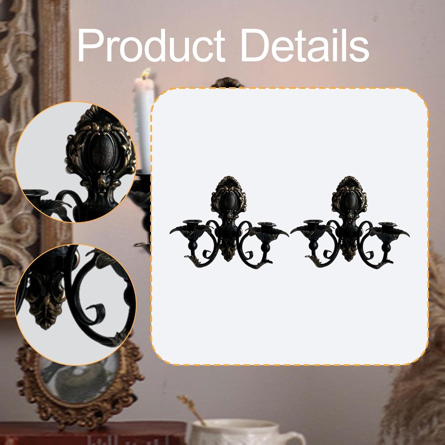 Candle Sconce Wall Candle Holder Vintage Design Iron Art Candelabra Candlestick Holder for Anniversary Living Room Decoration, Black (Black)