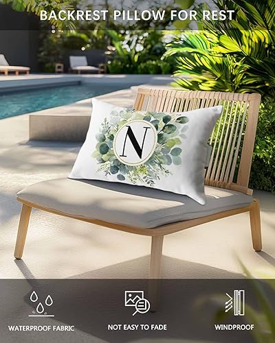 Miniatura 4 de Paquete de 2 fundas de almohada lumbares con hojas de eucalipto, con monograma de letra N para exteriores, impermeables, para exteriores, fundas