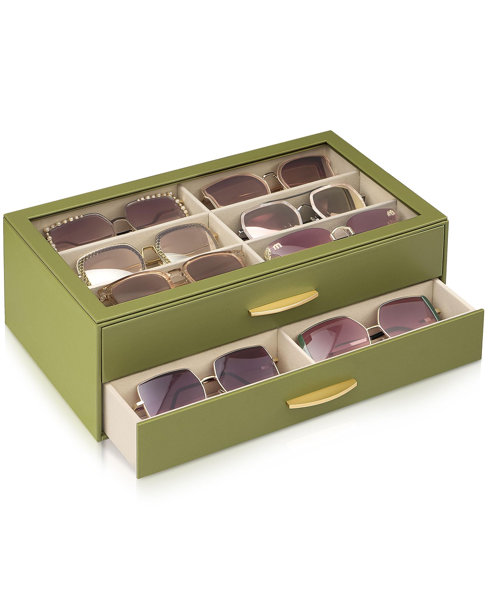Lolalet 2-Layer Women’s Sunglasses Box Organizer, Eyewear Glasses Display Holder with 12 Slots Jewelry Watch Sunglasses Drawer Collection Case with Glass Lid -SageGreen