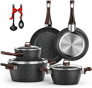 Topfset Induktion und Pfannenset Induktions Töpfe Set 10-teiliges Granit-Antihaft-Kochgeschirr Set mit Bratpfann, Kochtopf & Stielkasseroll, Glasdeckeln, PFAS und PFOA Frei, Schwarz