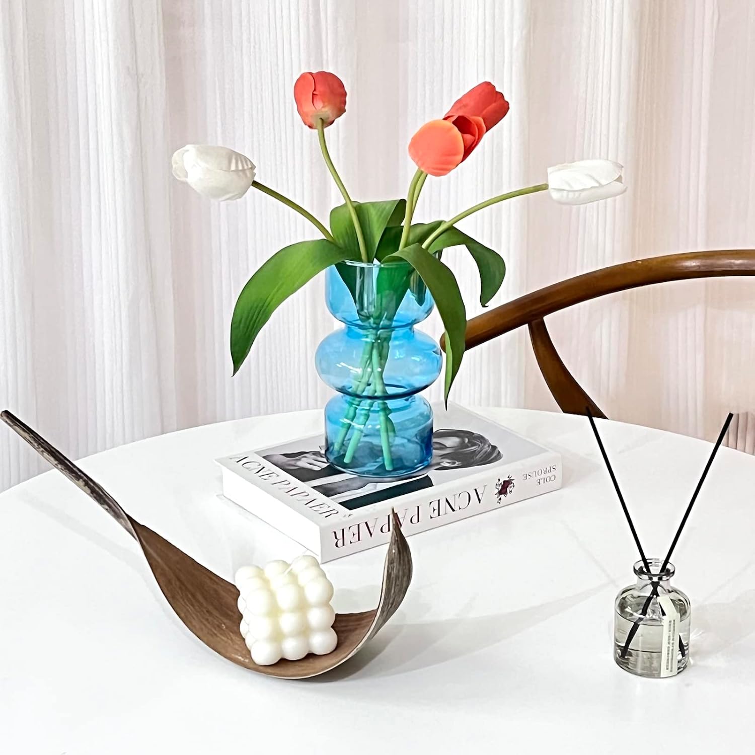 BLOFLO Blue Transparent Glass Hydroponic Vase, 7Inches Colored Glass Vase for Flower, Modern Geometric Three-Layer Floral Vases for Home Office Wedding Table Décor(Blue) - Image 8