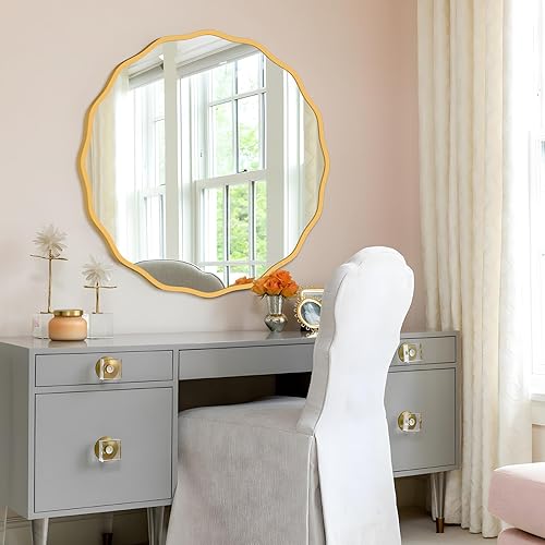 Miniatura 4 de Espejo redondo decorativo para pared de 20 pulgadas, moderno espejo ondulado dorado con marco de madera, espejo de pared circular para baño,