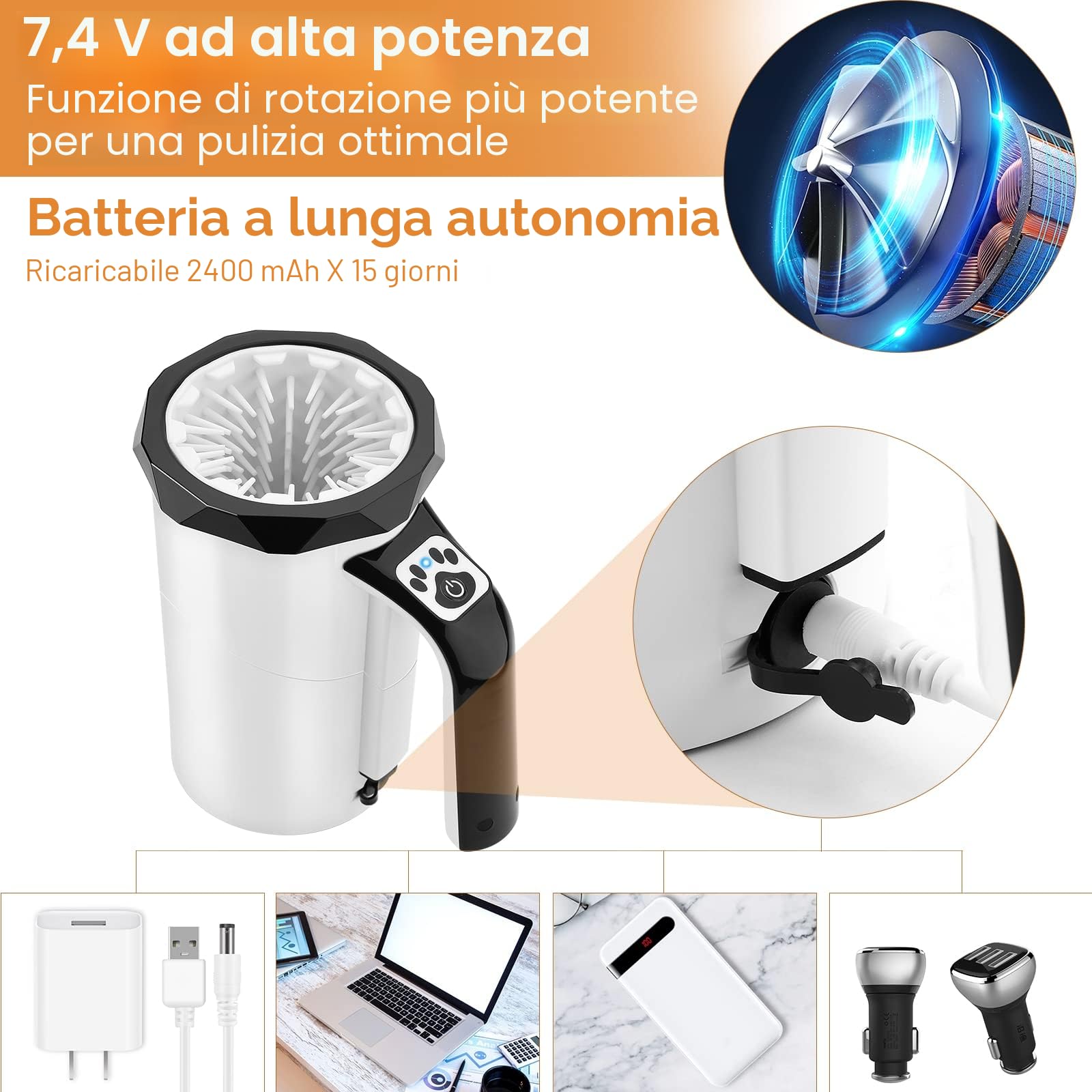 MYPIN Pulisci Zampa Cane, 2 en 1 Lavazampe per Cani Elettrico Portatile 7.4V 2400mAh Ricaricabile con Spazzola Rimovibile in Morbido Ailicone per Lavare Piedi di Cani e Gatti (nero)