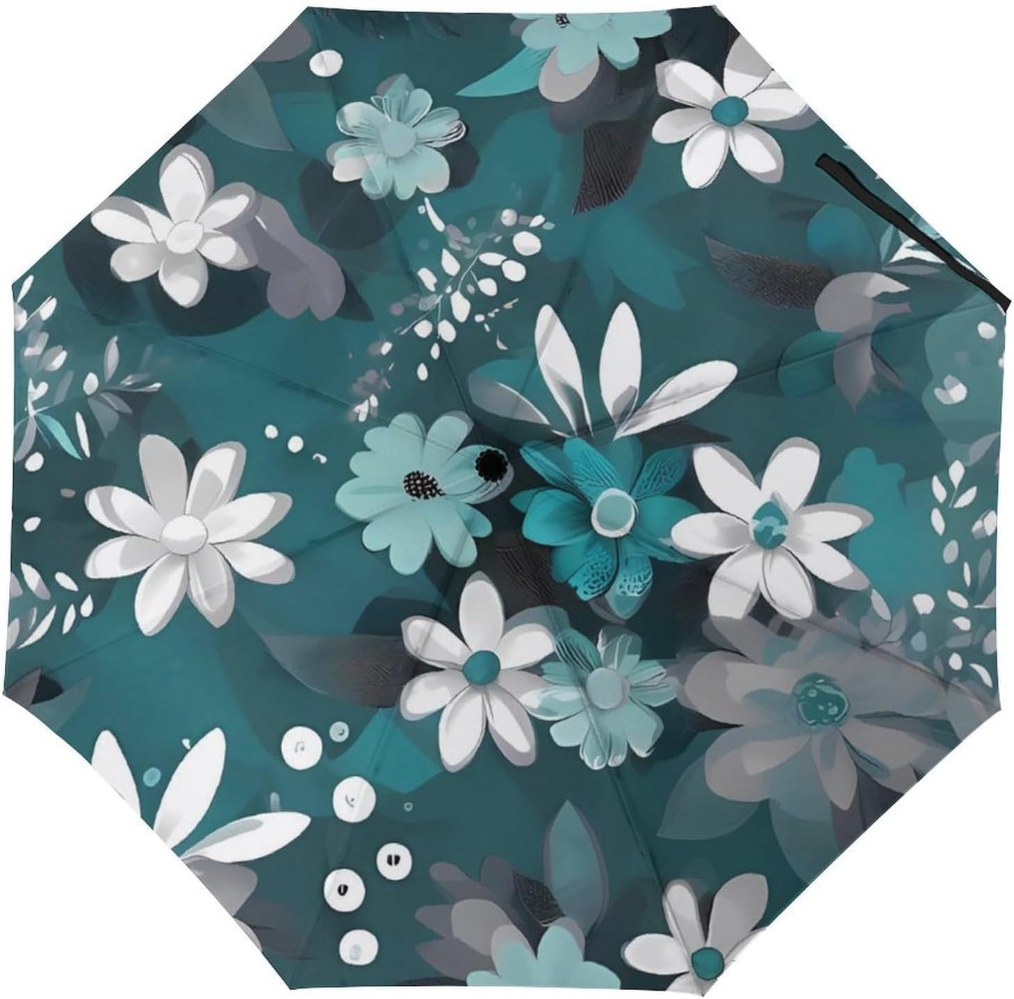 Windproof Travel Umbrella for Rain & Sun - Compact Automatic Folding Umbrella 8-Rib Reinforced Frame, Teal Grey And White Floral Umbrellas Lightweight Portable Umbrellas for Car Backpack