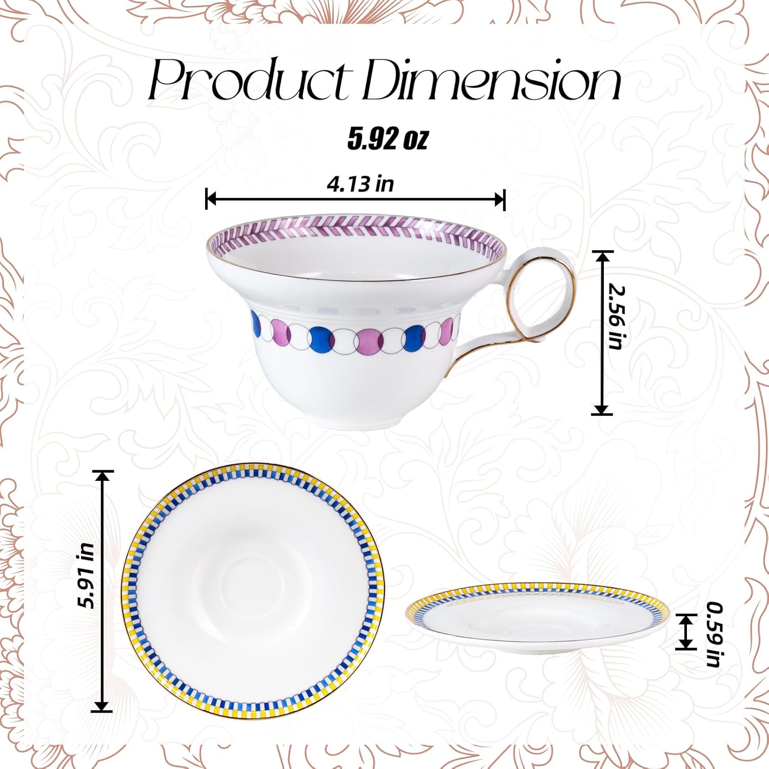 KAMMAK Ceramic Coffee Cups Saucers Set of 2, Porcelain Espresso Cups with Saucers, 5.92 oz Handmade Elegant Bone China Tea Cup, Ceramic Floral Pattern Demitasse for Latte, Americano, Cappuccino