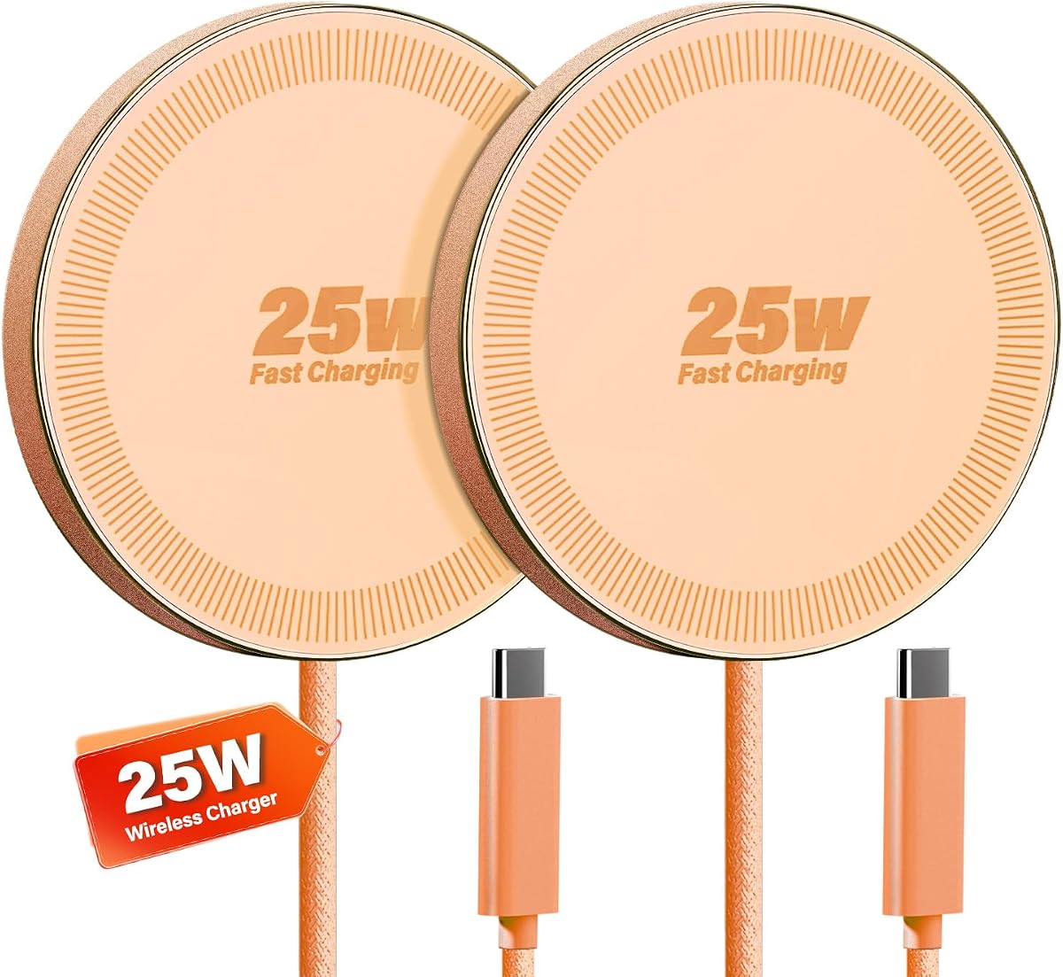 Cargador inalámbrico de 25 W para MagSafe, almohadilla de carga rápida magnética para iPhone 17/16/15/14/13/12 Series y AirPods, imán fuerte, cargador inalámbrico delgado y portátil para viajes, hogar, oficina (naranja, 2 unidades)