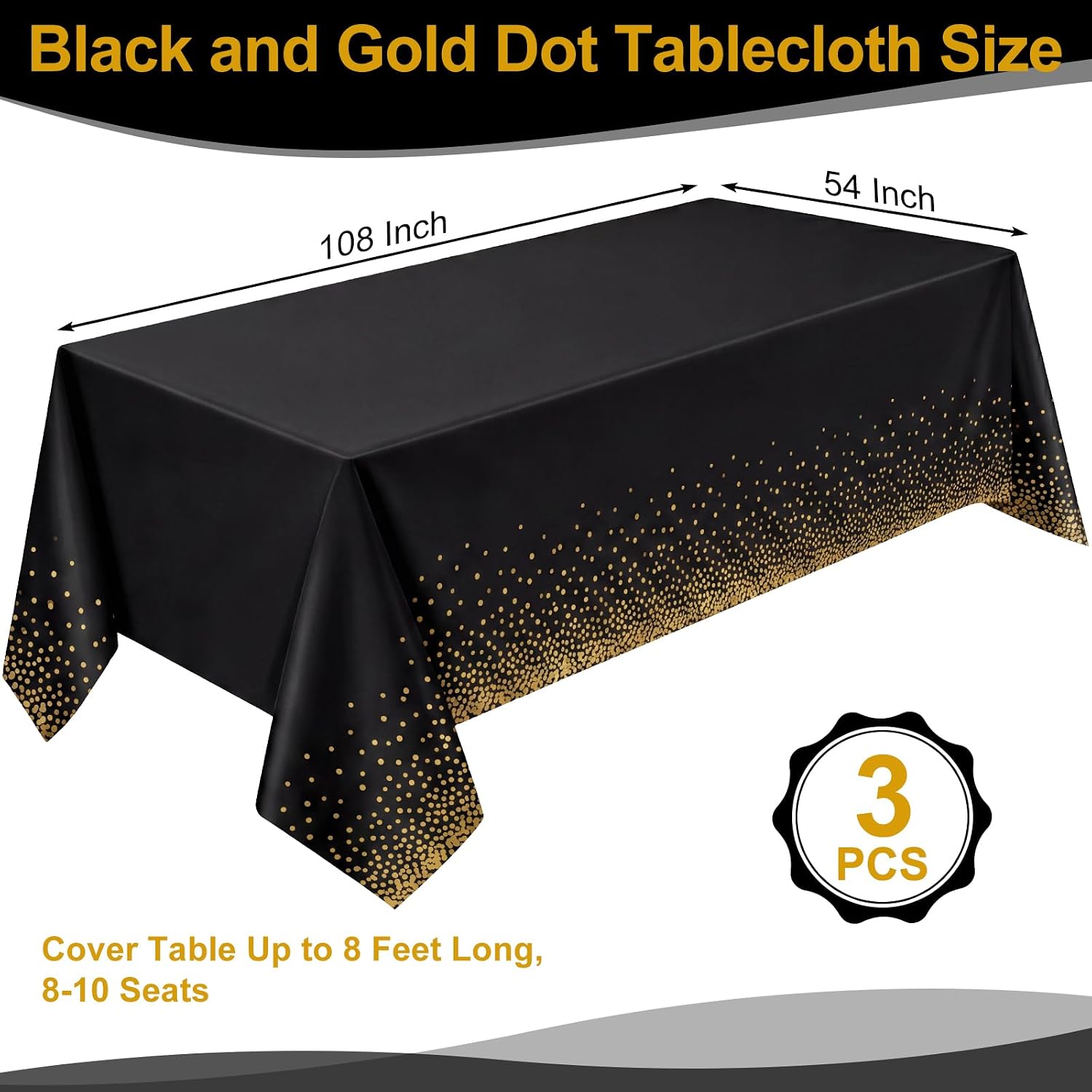 3 Pack Plastic Black and Gold Tablecloth, 54 X 108Inch Disposable Gold Dot Tablecloths Waterproof Tables Cloth for Rectangle Tables Plastic Table Cover for Restaurant Wedding Birthday