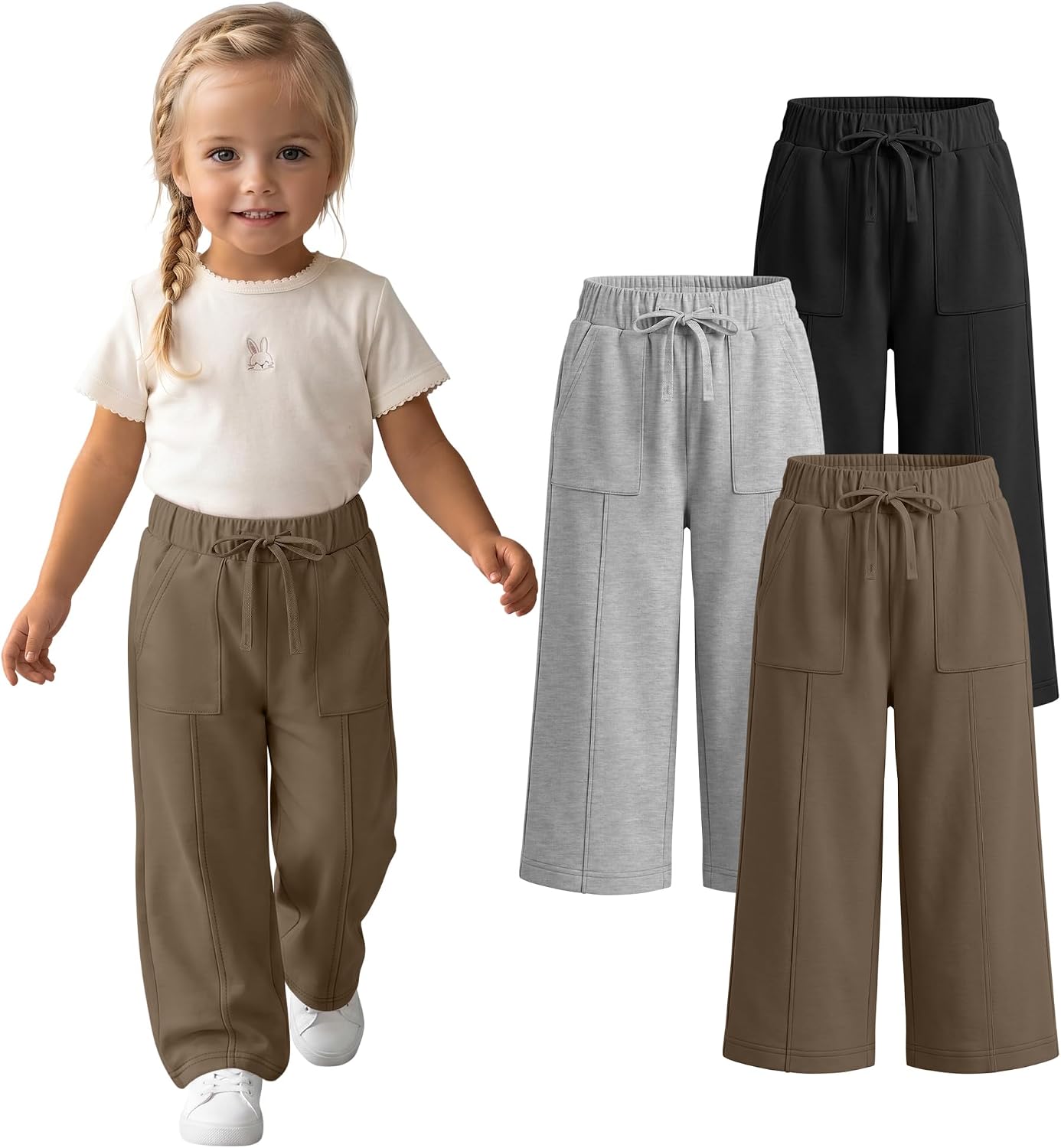 3 Pack Toddler Girls Sweatpants Kids Wide Leg Elastic Waist Drawstring Athletic Casual Open Bottom Pants Pockets