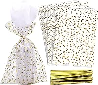 Vista 10 de COQOFA 100 piezas de bolsas de celofán transparentes para regalos con forma de corazón dorado de 17,78 x 30,48 cm, bolsas de fiesta, para caramelos