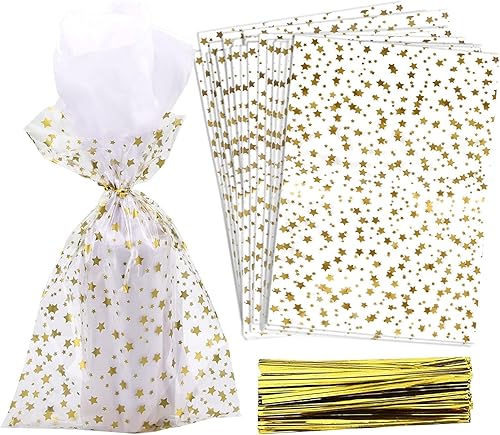 COQOFA 200 bolsas de regalo con estampado de estrellas de 4 x 9 pulgadas, bolsas de celofán para regalo, bolsas de regalo de fiesta, bolsas
