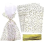 COQOFA 200 Pcs Star Printed 4X 9 Gift Wrap Cello Cellophane Treat Bags Party Favor bags Clear Candy Cookie Bags Plastic Poly Goodie Storage Bags with Twist Ties for Bakery,Birthday, Wedding ,Party Decorations (Gold)