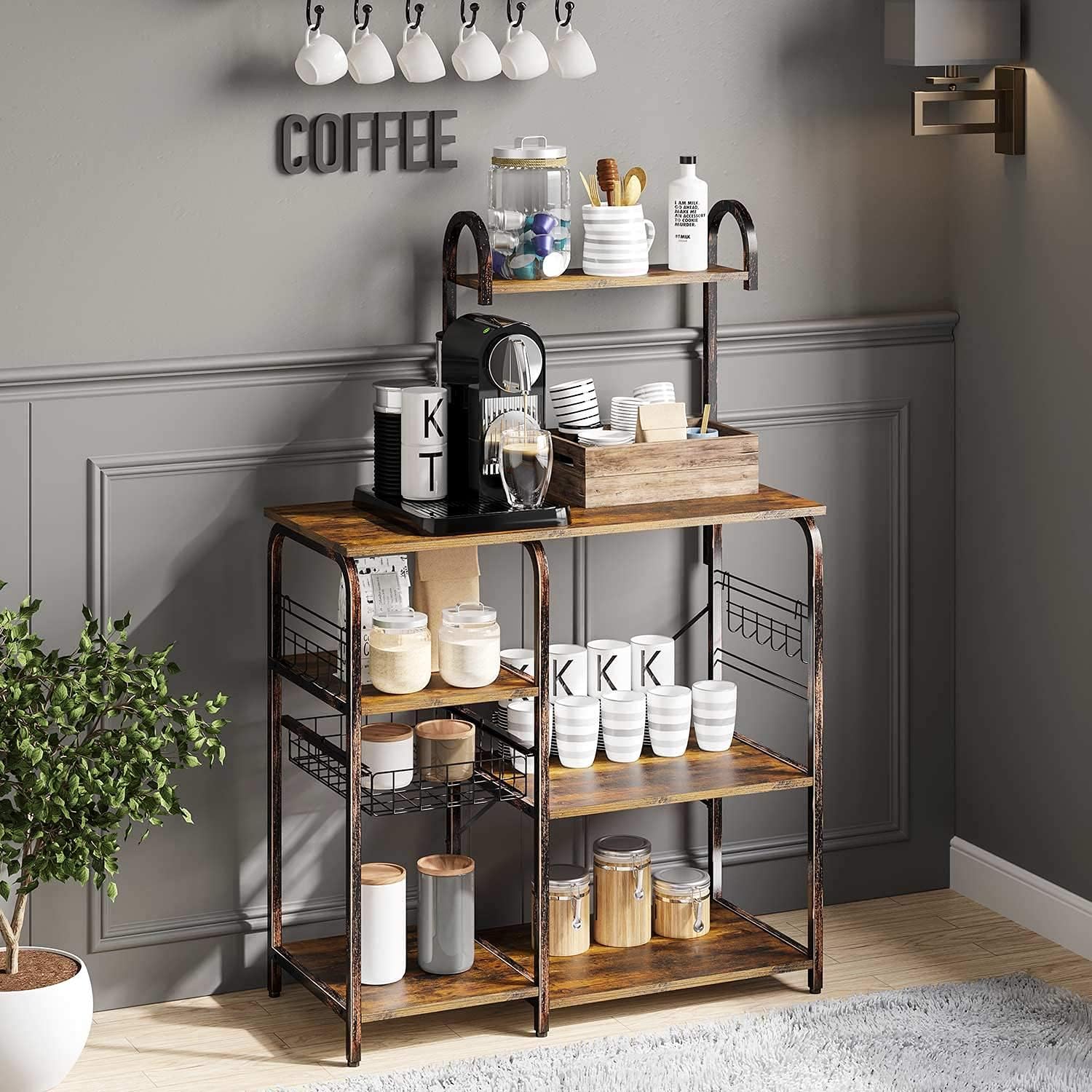 Rolanstar Kitchen Baker's Rack, Large Capacity Utility Storage Shelf, Microwave Stand with 7 Shelves and 12 Hooks, Foldable Pull Basket with Rustic Wall Mounted Storage Cabinets Coat Rack 6 Hooks Han - Standing Baker's Racks