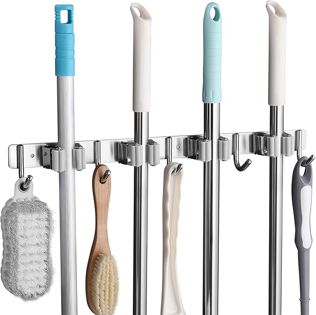 SHYOSUCCE Broom Mop Holder, Stainless Steel Broom Storage with 4 Racks and 5 Hooks, Wall Mounted Organizer for Kitchen, Bathroom, Garage and Garden, Gray