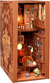 Losbenco Book Nook Kit, DIY Dollhouse Booknook Bookshelf Insert Decor Alley, DIY Book Nook Miniature Kit with Lights, 3D Wooden Puzzle Decorative Bookend Miniature Model Kits for Kids/Adults
