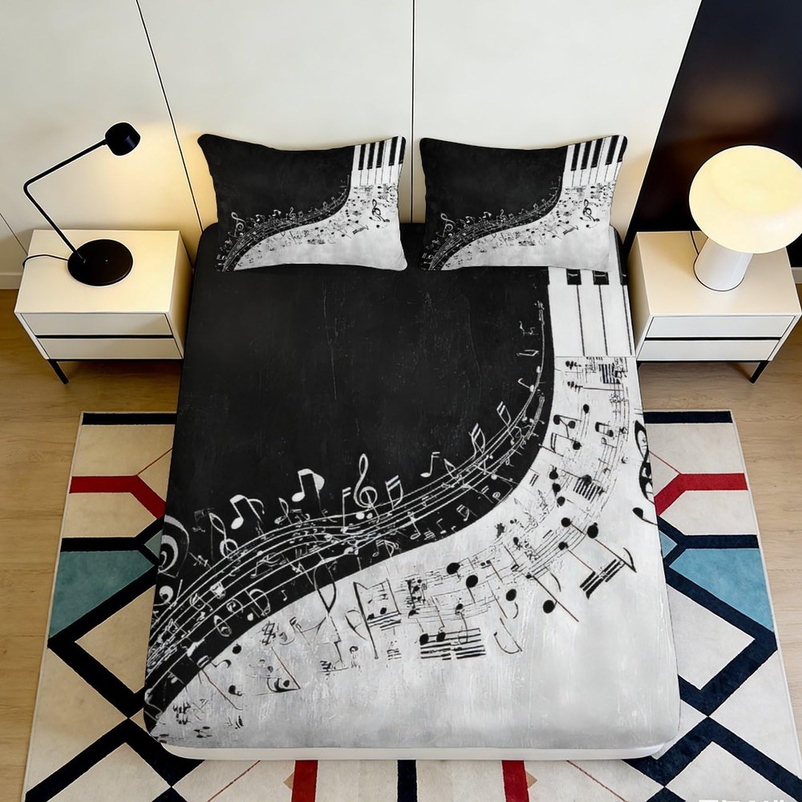 3D Printed Musical Notes Fitted Sheet Microfiber Soft Breathable Piano Keys Bed Cover for Bedroom Dormitory Guest Room Mattress Protection Decor 140x200x25cm