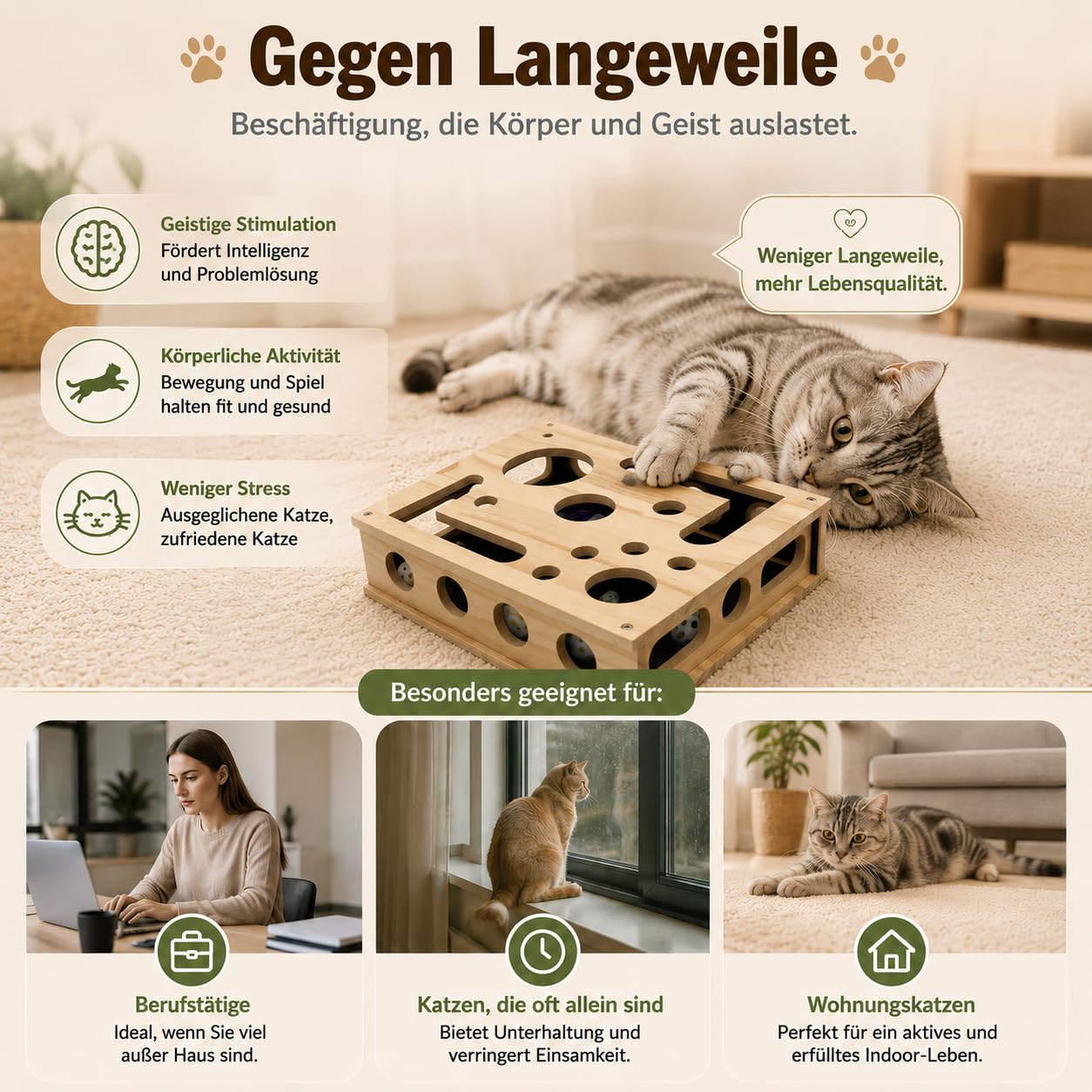 Taichaeu 2-in-1 Katzen Kratzspielzeug mit Intelligenzspiel & Krallenpflege - Interaktive Nagelfeilen, Katzen Krallenpflege beim Spielen, Katzen Kratzbrett aus Holz - 3 Glockenbällen & Federstab