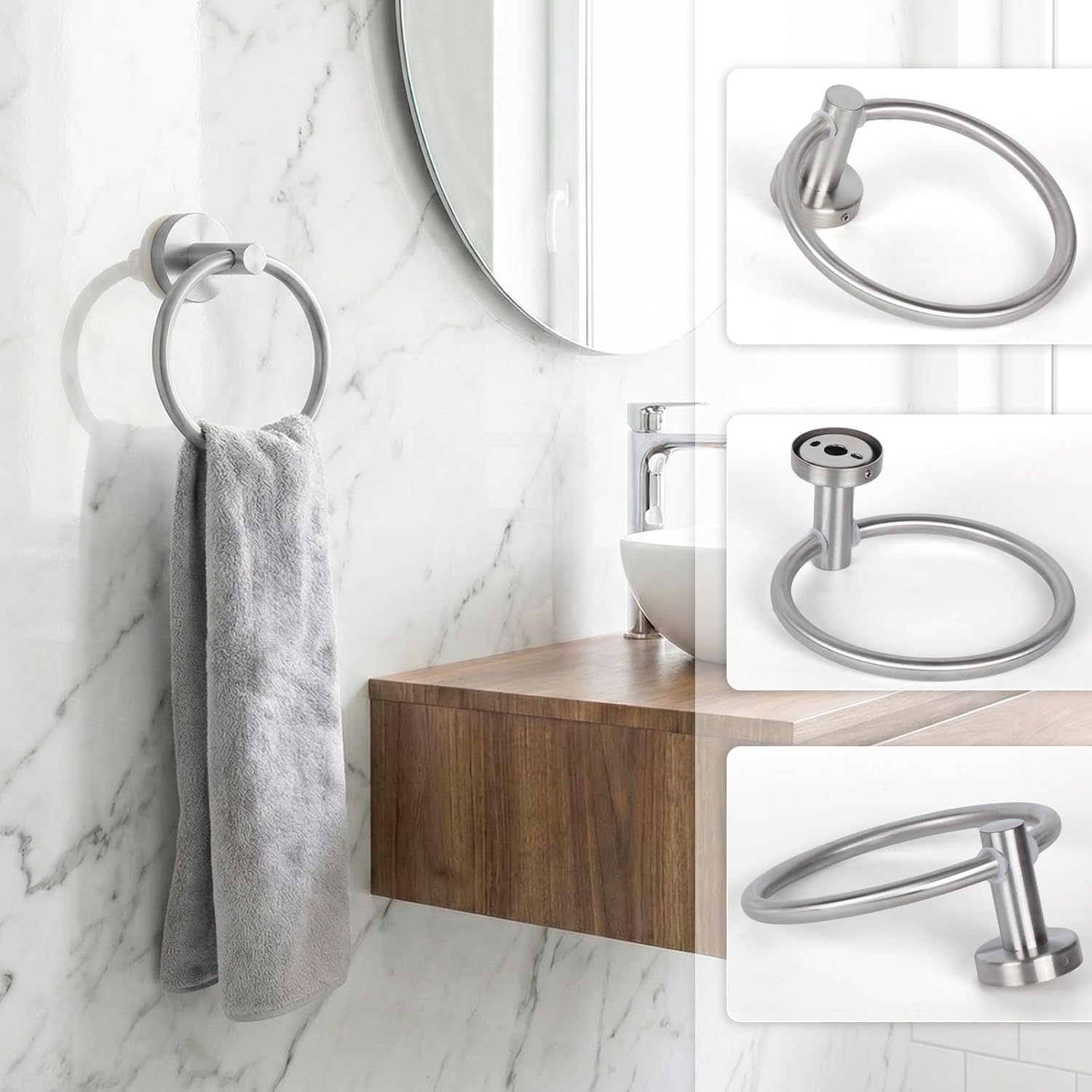 24 Inch Usable Towel Bar, 5-Piece Brushed Nickel Bathroom Accessories, SUS304 Stainless Steel Towel Ring Holder, Toilet Paper Holder with 2 Hooks, Wall Mounted Modern Bathroom Hardware Set