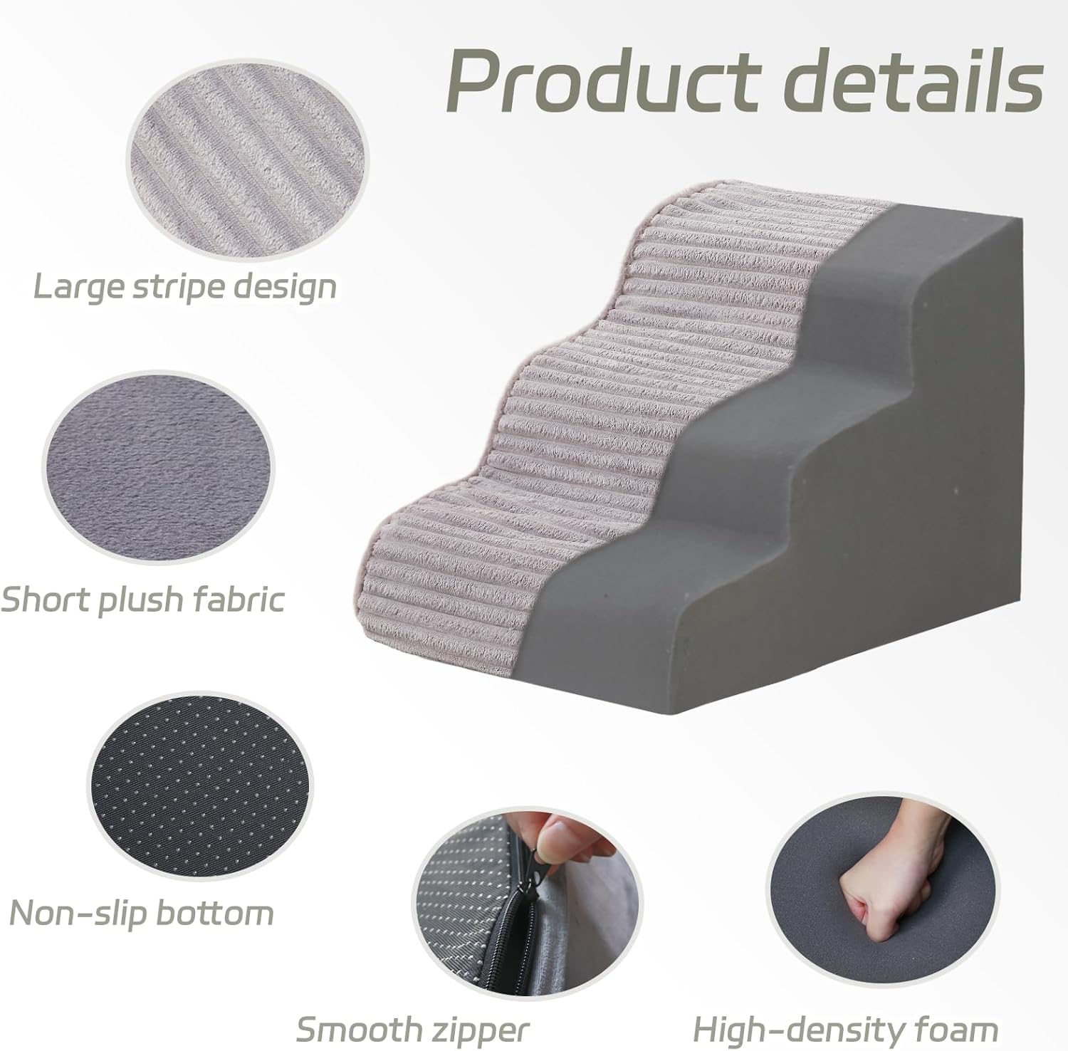 Laojin Balhen Dog Stairs for Small Dogs & Cats 22.5" H, High Density Foam Dog Steps Ramp for High Bed and Couch, Pet Stairs with Non-Slip Bottom and Remove Washable Cover, 5-Step Pet Steps, Grey