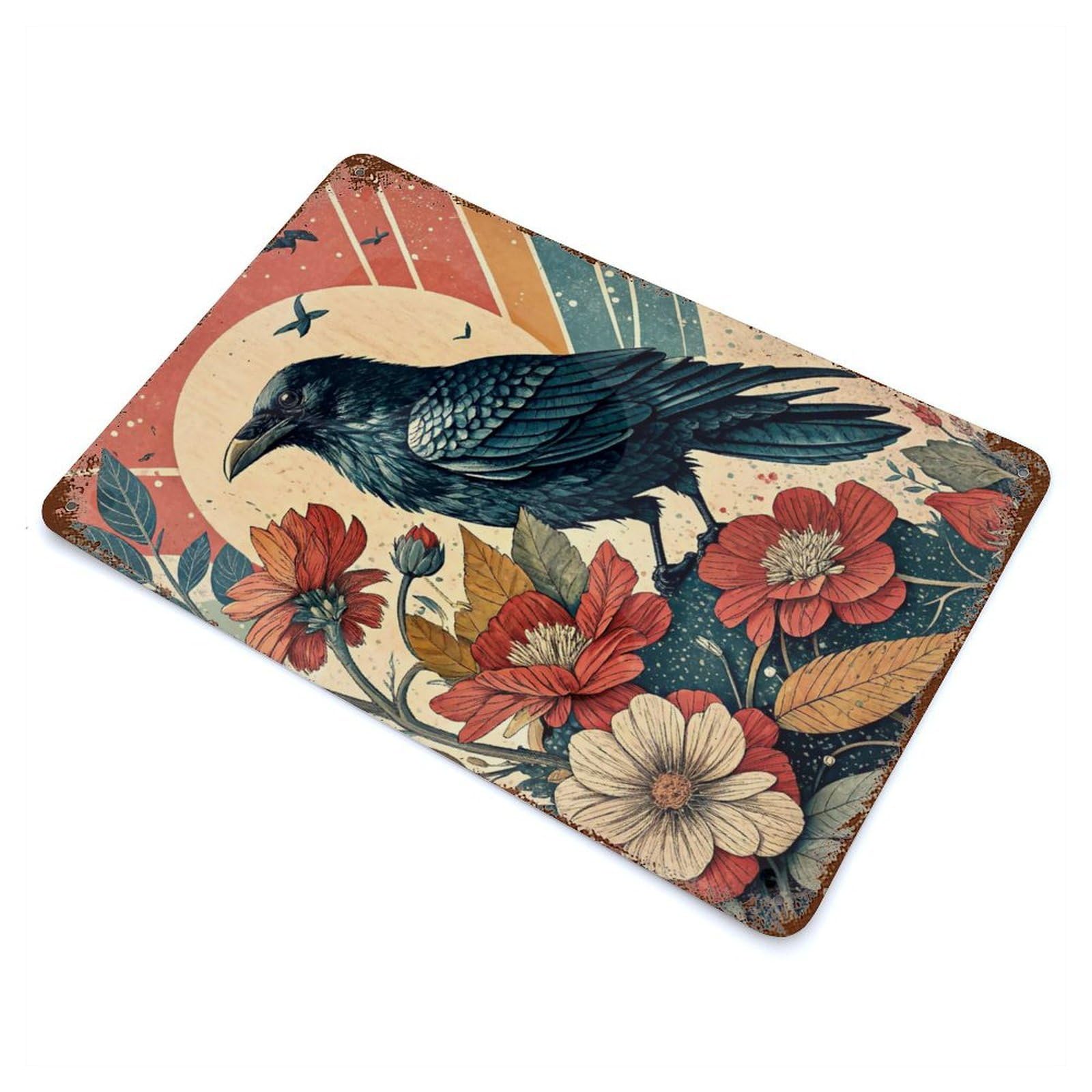 Retro Metal Sign with Raven And Flowers Design 11.8"x7.9", for Living Room, Hallway And Home Decor, Farmhouse Wall Decor