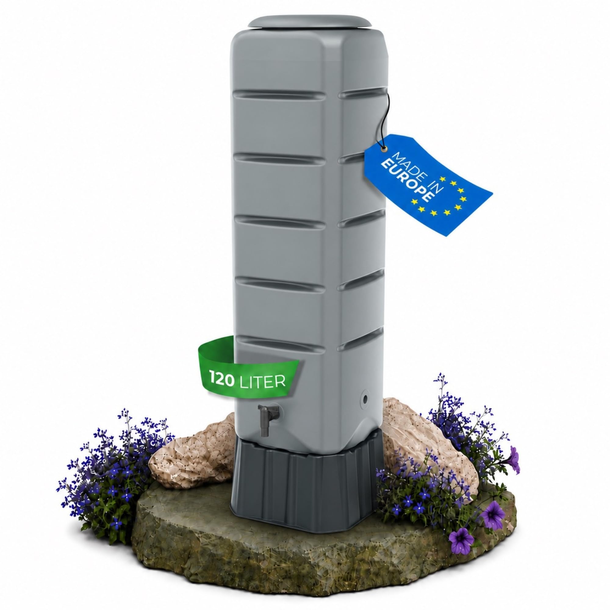 YourCasa Recuperateur d Eau de Pluie [Tower] 120L avec Pied, Couvercle et Robinet – recuperateur Eau de Pluie – récupérateur Eau de Pluie – Réservoir d'eau de Pluie – Reservoir Eau de Pluie (Gris)