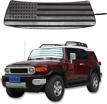 Windshield Sunshade Compatible with Toyota FJ Cruiser 2007-2021, Foldable UV Ray Reflector Auto Window Sun Shade, Keeps Your Vehicle Cool Flag Style