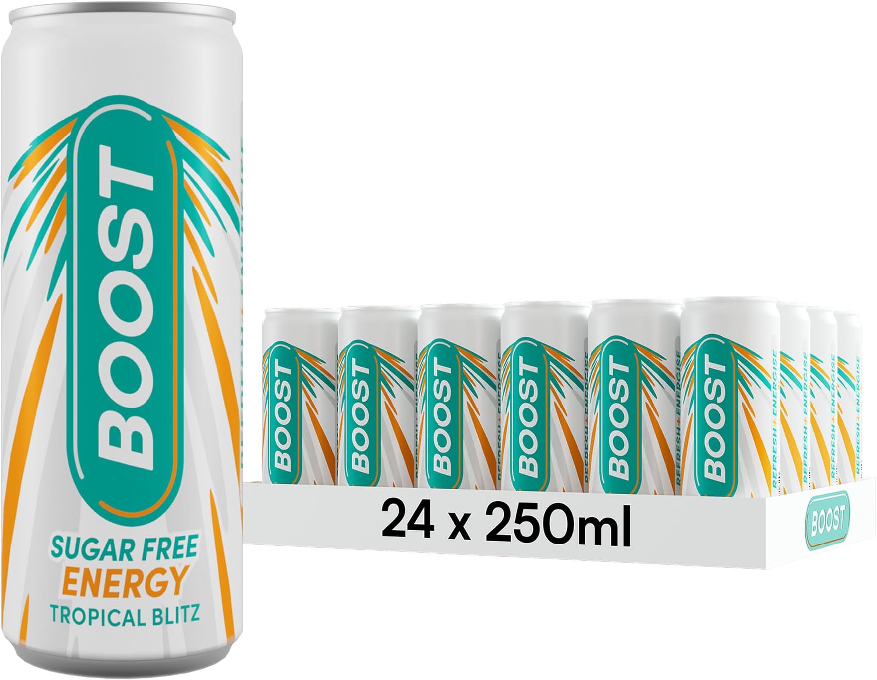 Energy Drink Sugar Free Cans Tropical Flavour - 24 Pack Drinks with Caffeine, Taurine and Vitamin B | Carbonated Energy Drinks | Gluten Free Vegan Low Calorie Zero Sugar Fizzy Drinks | 24x250ml