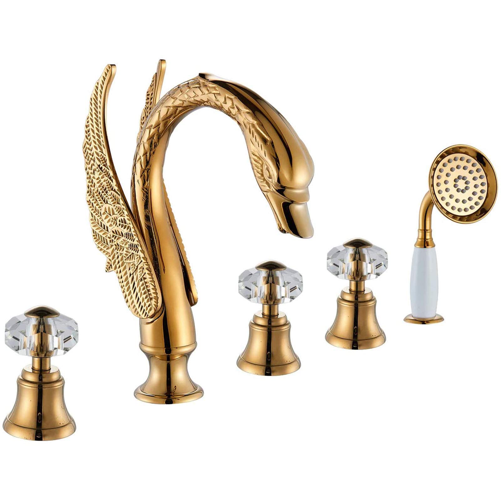 BHGFYXBS Bathtub Faucet With Hand Shower, Solid Brass Deck Mounted Swan Spout Bathtub Shower Set, Double Handle 5 Holes Bath Mixer Tap Gold,A,B