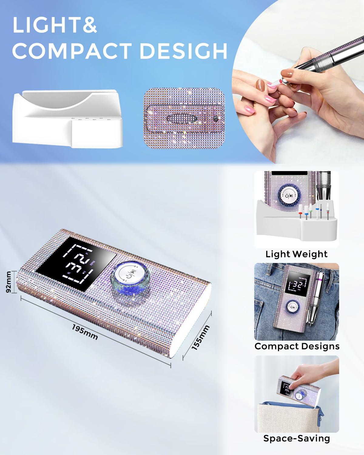 45000RPM Diamond Electric Nail File, Professional Cordless Drill Nails with 6 Bits & LED Screen, 8 Hours Use, Stepless Speed for Acrylic/Gel Nails, Salon & Home Manicure Kit