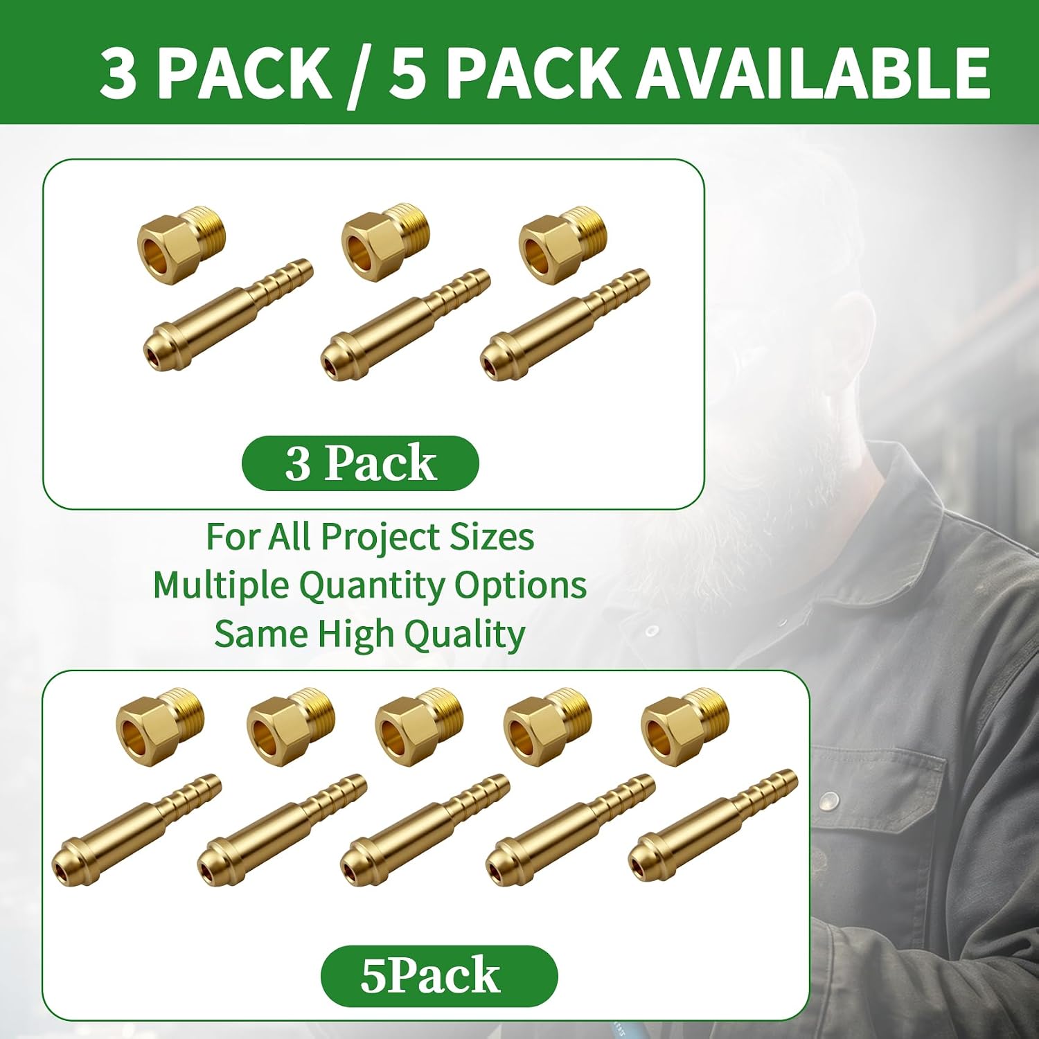 5 Pack Argon Nut & Nipple 1/4" Hose Barb, Solid Brass Argon Hose Fittings | for MIG TIG Regulator Flowmeter, Inert Gas Welding Fitting, CGA-032 B Size, 1/4" Hose Barb, Solid Brass, Solve Gas Leaks