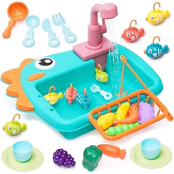 Kitchen Sink Toy Set with Fishing Game Water Circuit Flowing Water Dishwasher Kitchen Utensils Role Play Toy for Toddlers Children Girls from 3 Years Green