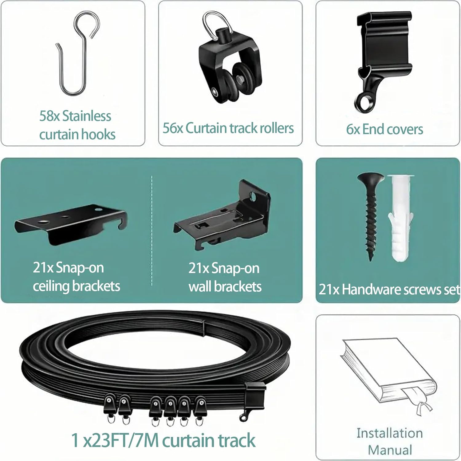 Flexible Bendable Curtain Track Ceiling or Wall Mount 23FT(7m)- Ceiling Curtain Track,- Easy to install curtain rails,Black