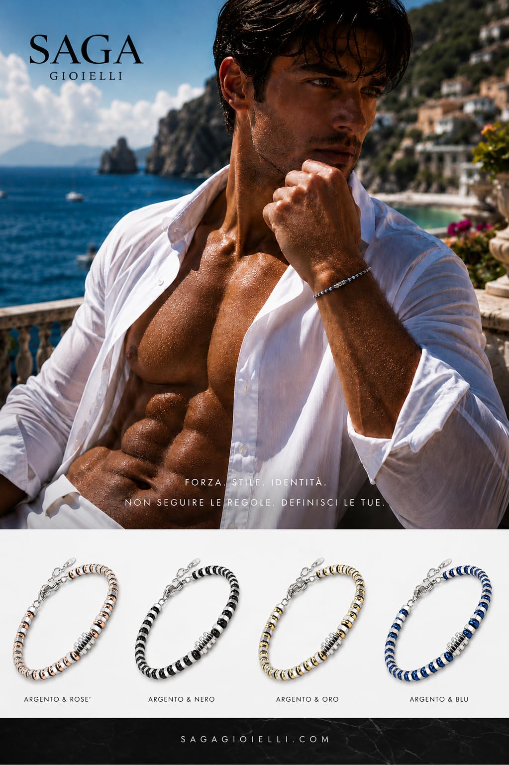 SAGA GIOIELLI Bracciale Uomo in Acciaio Inossidabile – Regolabile 17,5 + 3,5 cm – Design Elegante con Inserti Colorati – Confezione Regalo per Compleanno, Anniversario, Festa del Papà