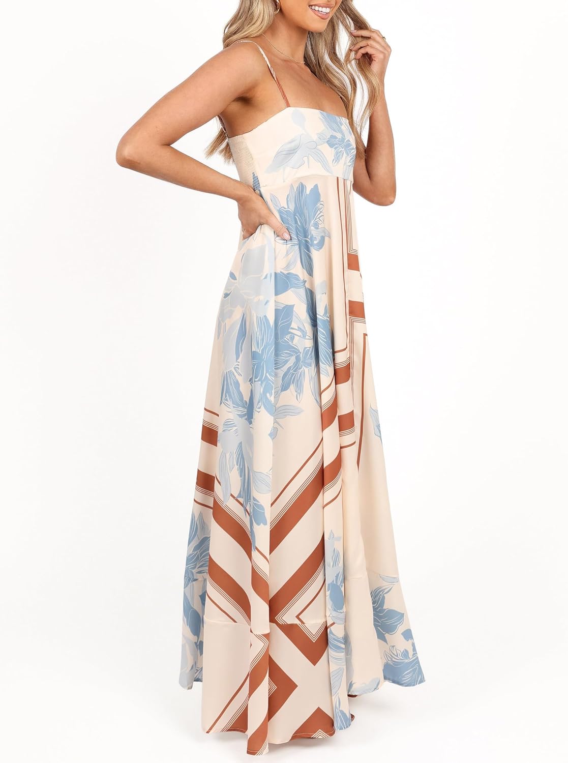 Women Spaghetti Strap Maxi Dress Colorful A Line Swing Long Smocked Picnic Dress Boho Beach Vacation Sundress - Image 4