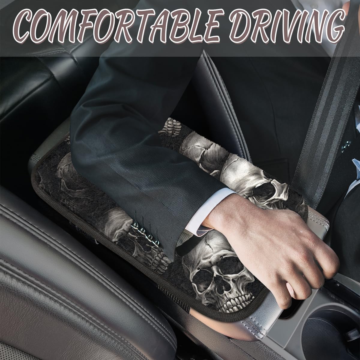 Car Center Console Cover Pad, Arm Rest Cover for Cars Accessories Cute, Printing Car Armrest Covers Protector for Car Armrest Storage Box, Auto Accessories Interior Universal Fit (Skull Heads Black) image 4