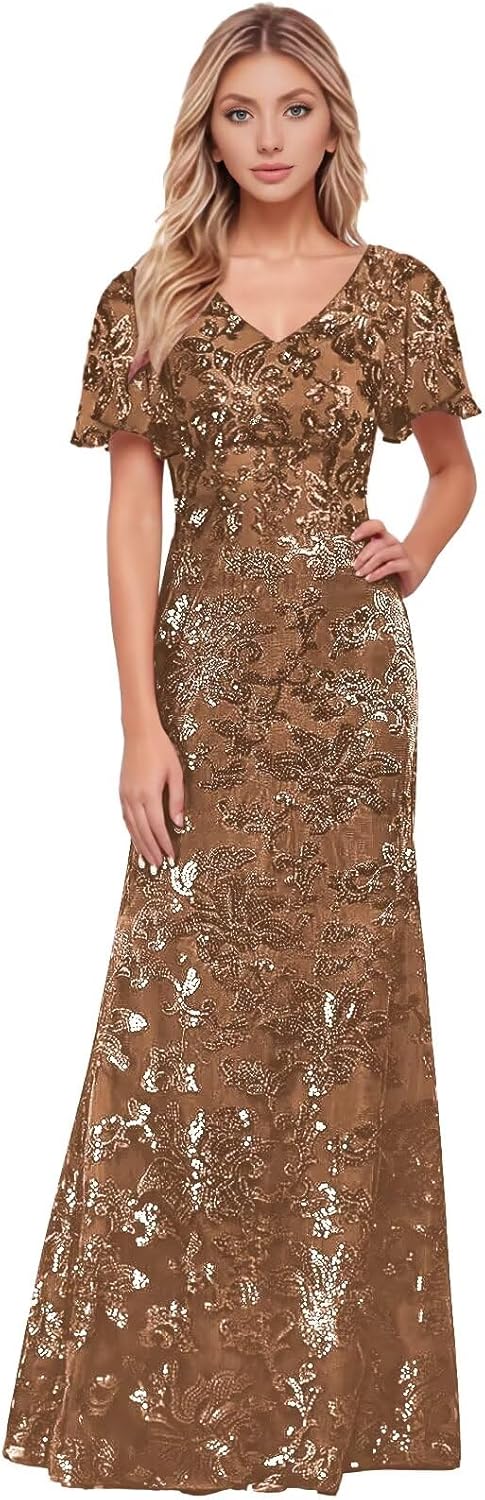 Sparkly Sequin Mother of The Bride Dresses Women's Flutter Sleeves V-Neck Long Formal Evening Party Dress