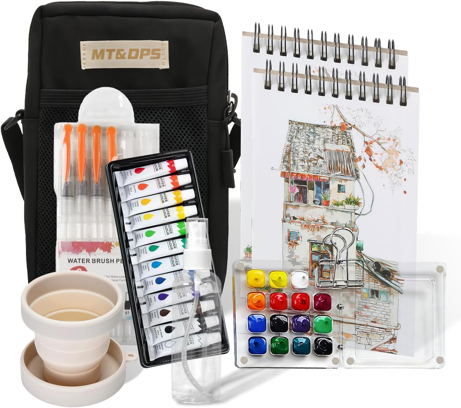 Mini Watercolor Paint Set, Portable Travel Art Kit with 12-Color Paint, 6 Brushes, 2 Sketchbooks & Crossbody Bag - Ideal for Artists & Beginners (transparent acrylic)