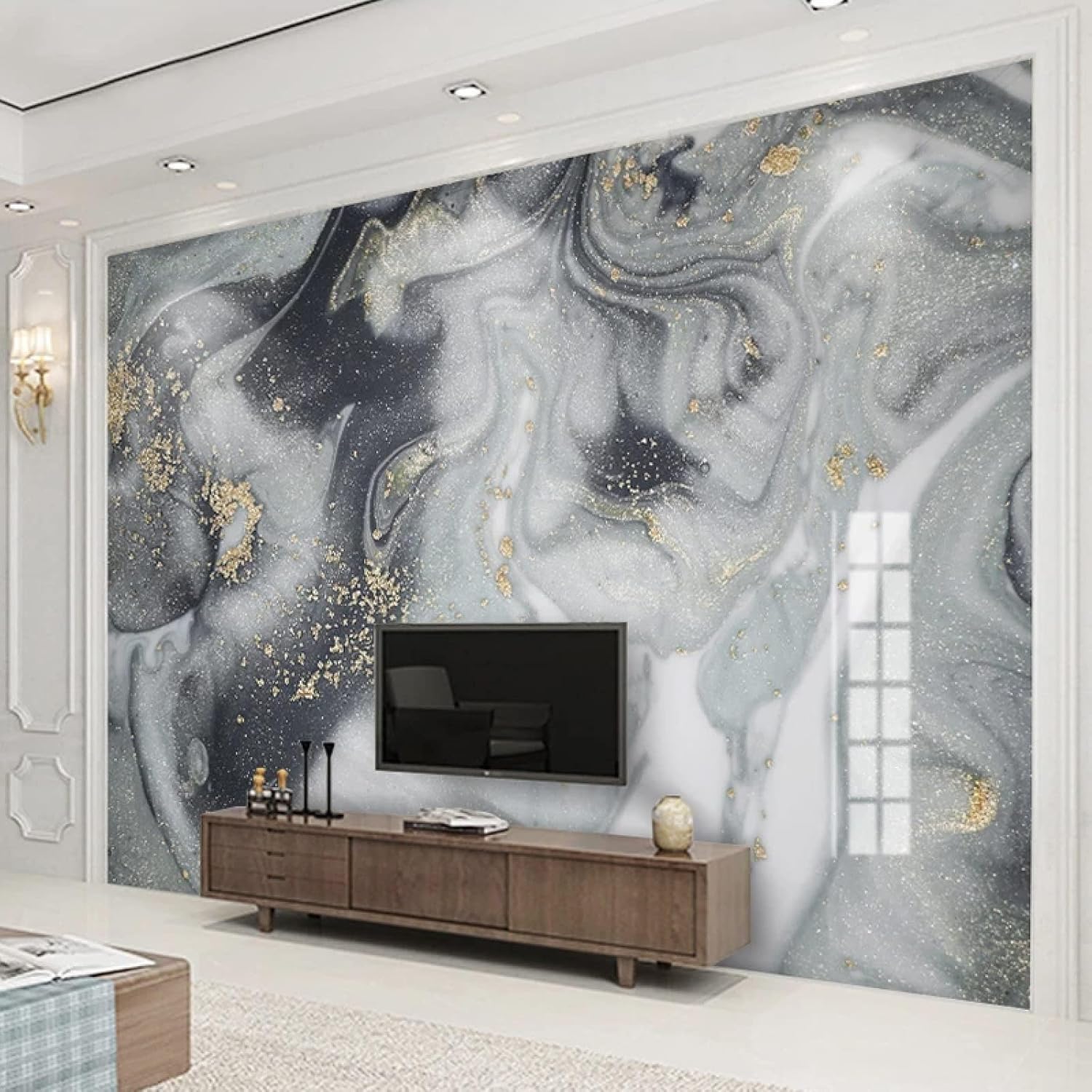 Modern Gray Marble 3D Wall Mural Wallpaper, Black Background Golden Texture Photo Print Wallpaper, Panoramic Mural for Living Room Bedroom Study TV Decor Mural - 59"x 39.4"(W x H)