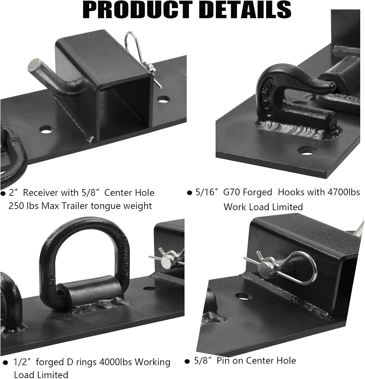 OneChoi Tractor Bucket Hooks Bolt on Hooks 2” Receiver, G70 Grade Grab Hooks, Forged D Rings, Tow Hook Bolts for Universal Tractor Buckets (Black 1.5“ Bolt)