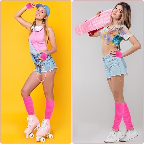 Miniatura 6 de Yolev 2 pares de calentadores de piernas de neón y guantes de red de los años 80, accesorios de disfraces, guantes de malla elástica sin dedos