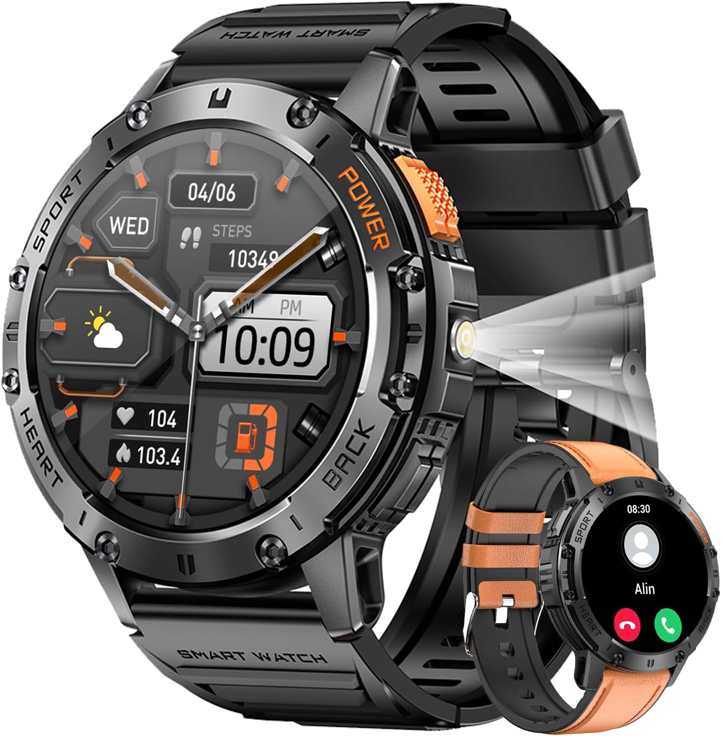 BKOHJAJI Smart Watch for Men with LED Flashlight, 1.43″AMOLED/50Days Standby Smart Watch Answer/Make Call, 120+ Sports Modes/IP68 Waterproof/Heart Rate Smartwatch for Android iOS