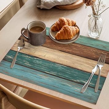 St. Patrick's Day Placemats Set of 4, Teal Green Brown Retro Rustic Wood Texture Cotton Line Heat Resistant Table Mats Washable Non-Slip Mats Decor For Kitchen Dining Spring Holiday Party(18x12 inch)