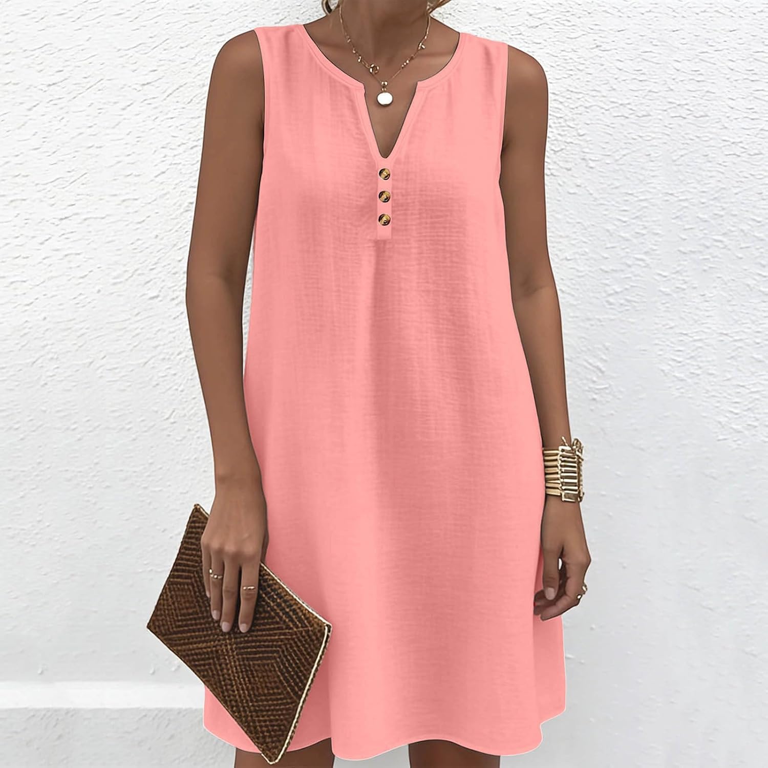Women Cotton Linen Mini Dress:Casual V-Neck Button Down Sleeveless Sundress Lightweight Workout Dresses