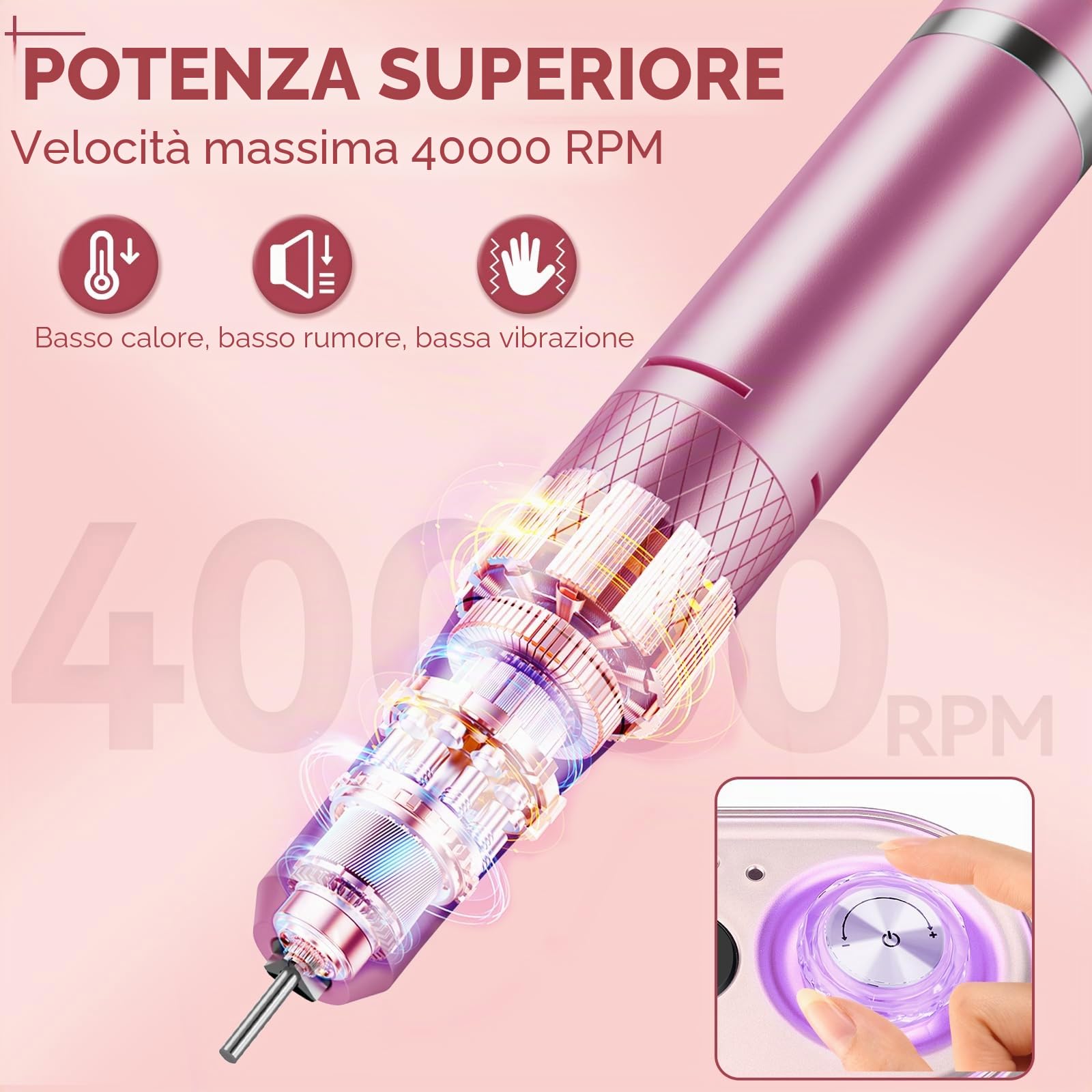Fresa per unghie in gel, fresa elettrica professionale 40000U/M, fresa per manicure e pedicure, set fresa per unghie per diverse esigenze di manicure e pedicure, non ricaricabile (rosa)