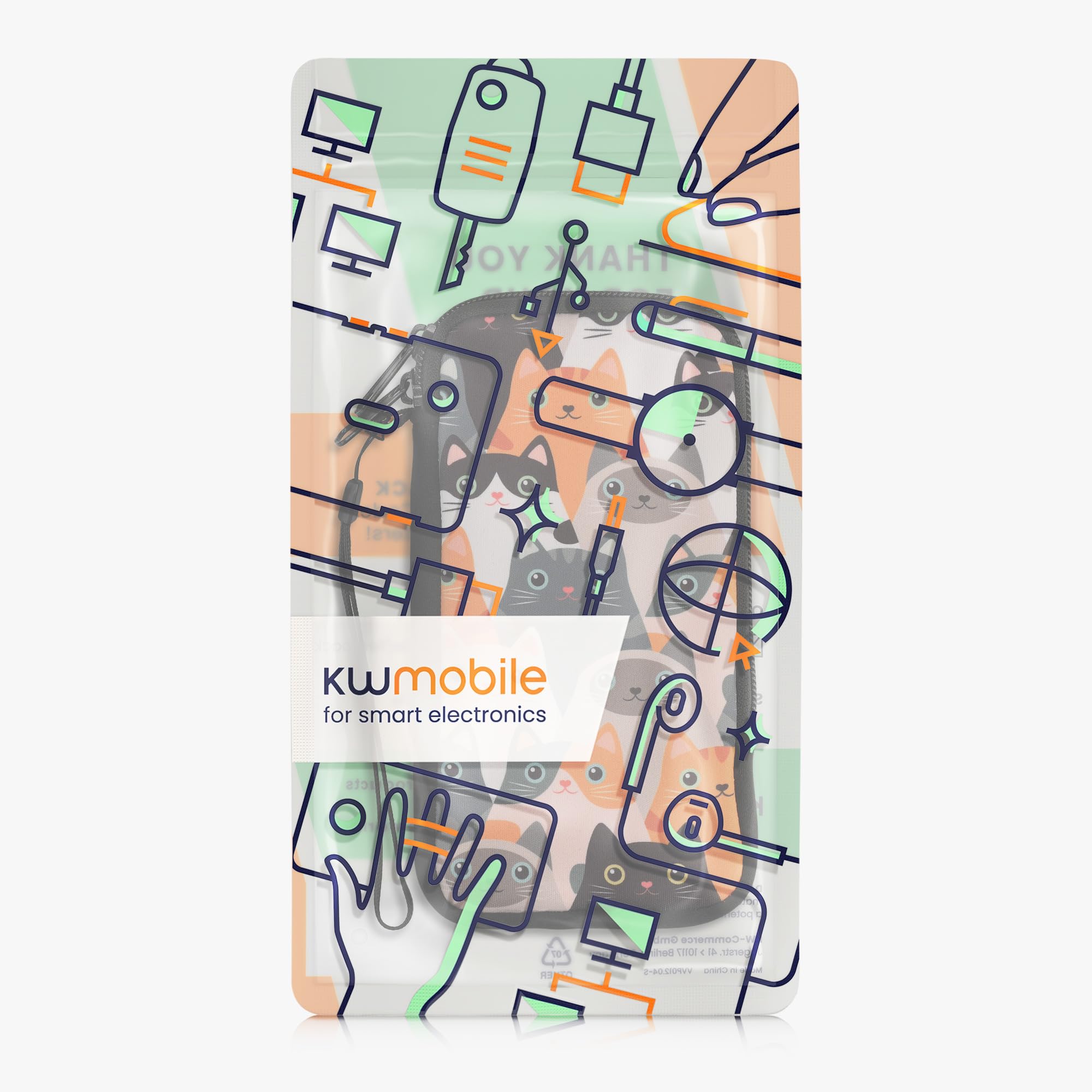 kwmobile Custodia in neoprene con zip per smartphone XL - 6,7/6,8" - Astuccio portacellulare a sacchetto con cerniera - Borsa verticale - Gatti arancione/nero/bianco
